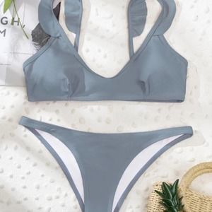 Gray ruffle trim scoop neck wireless bra bikini swimsuit Sz M